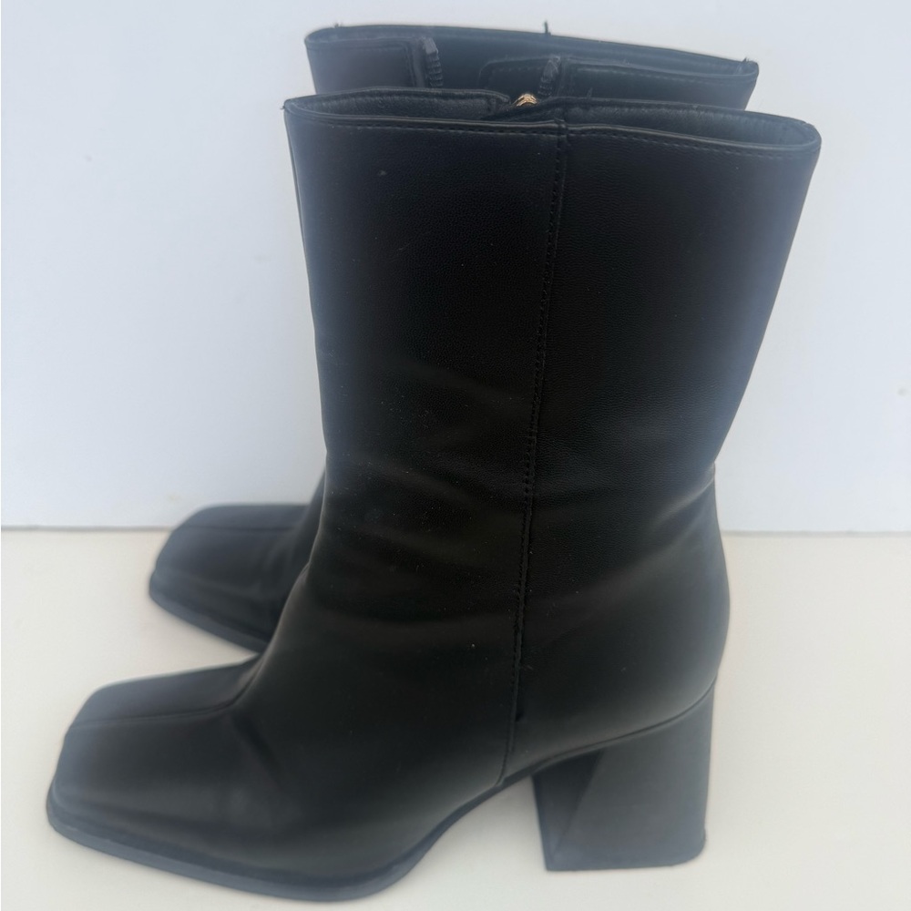FENERS Black Leather Square Toe Half Calf Block Heel Boots Made in Spain Size 37